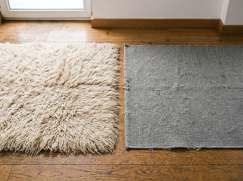 a natural shag wool rug side by side with polypropylene machine made rug on the floor side by side for comparison