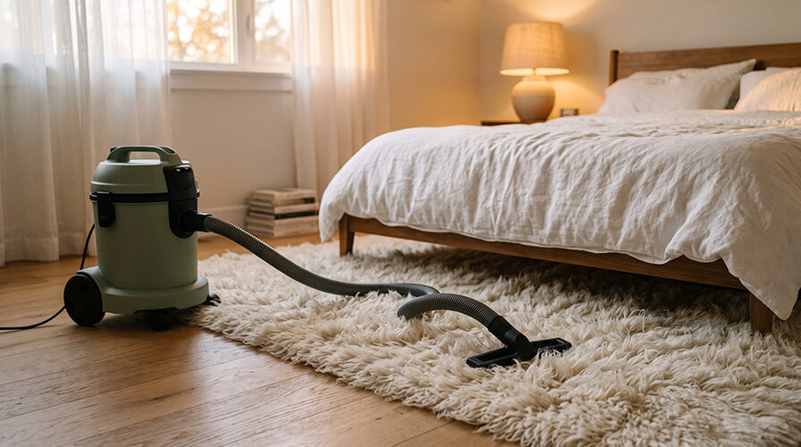 Natural wool flokati rug being cleaned in bedroom