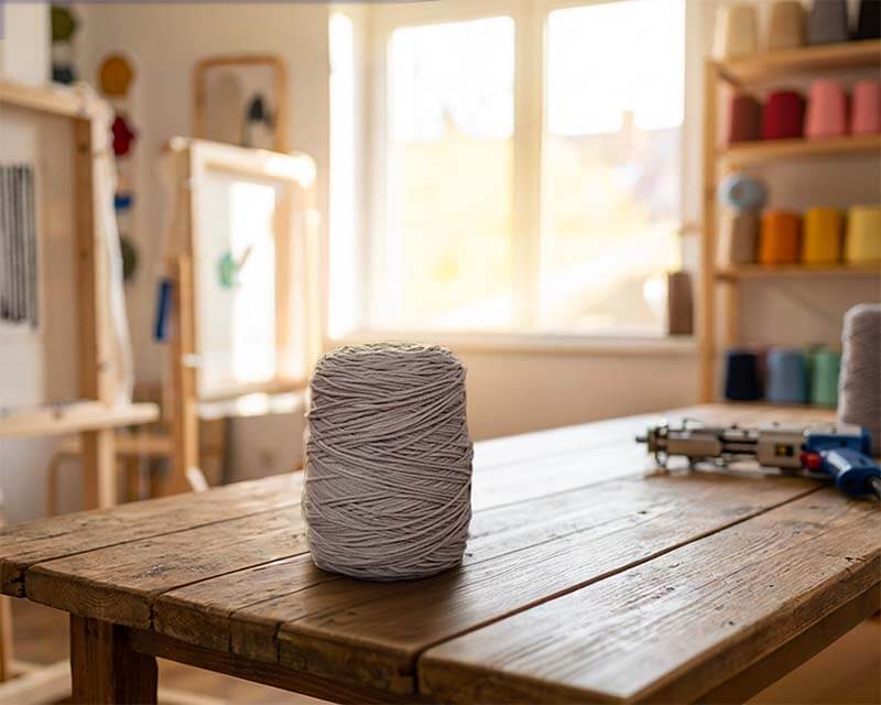 Spool of gray yarn on a wooden table in a bright room with shelves in the background