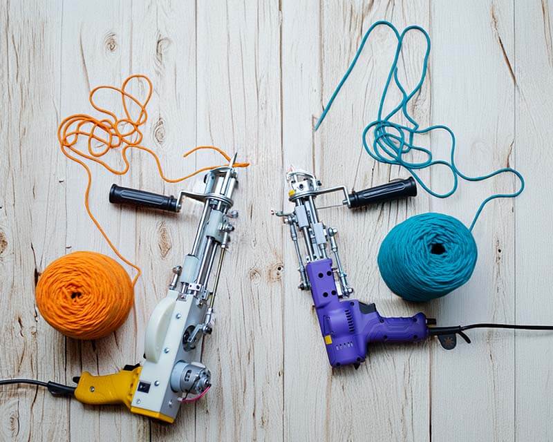 Two rug tufting guns with orange and blue acrylic tufting yarn on a wooden surface