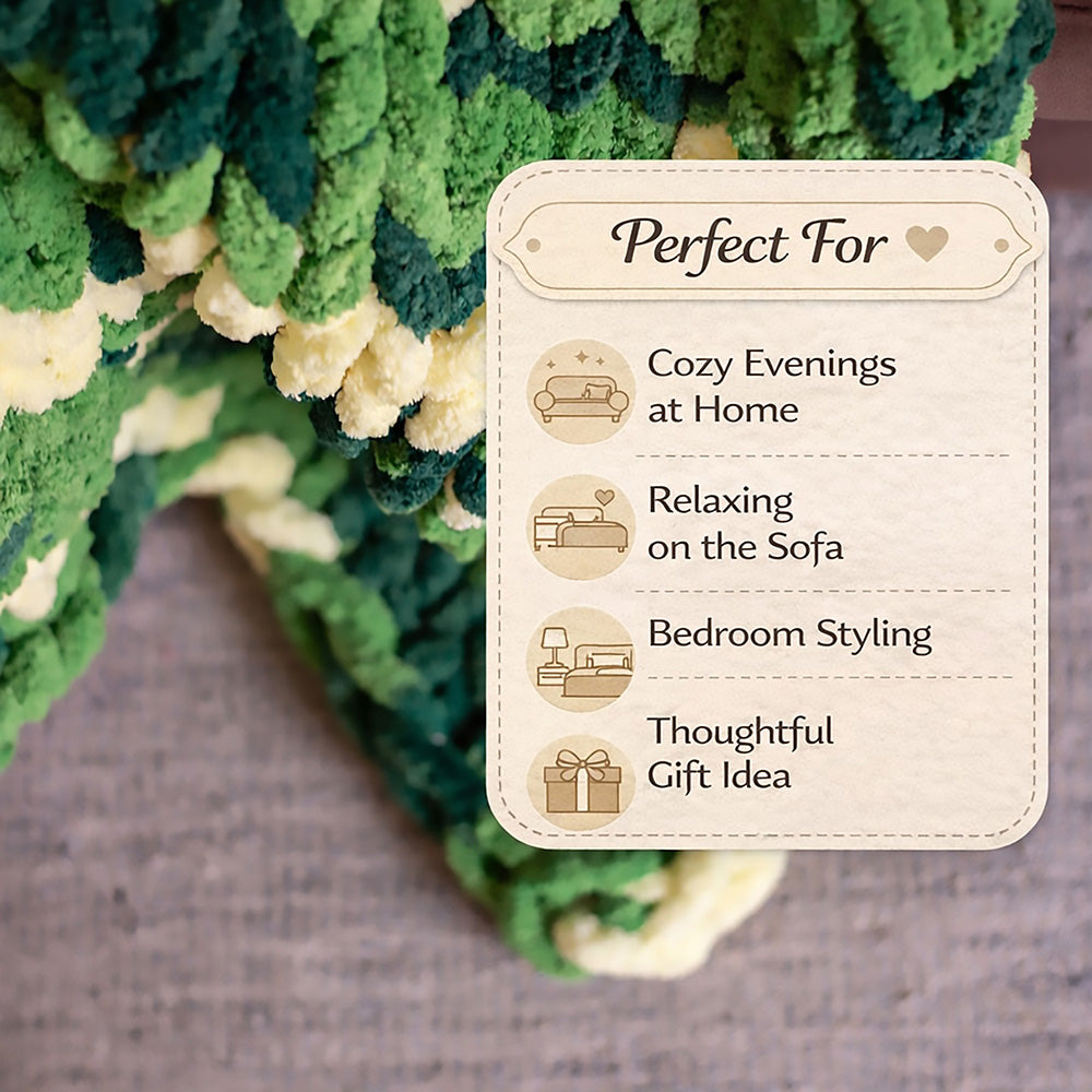 infographics of chunky chenille blanket that says 'perfect for'