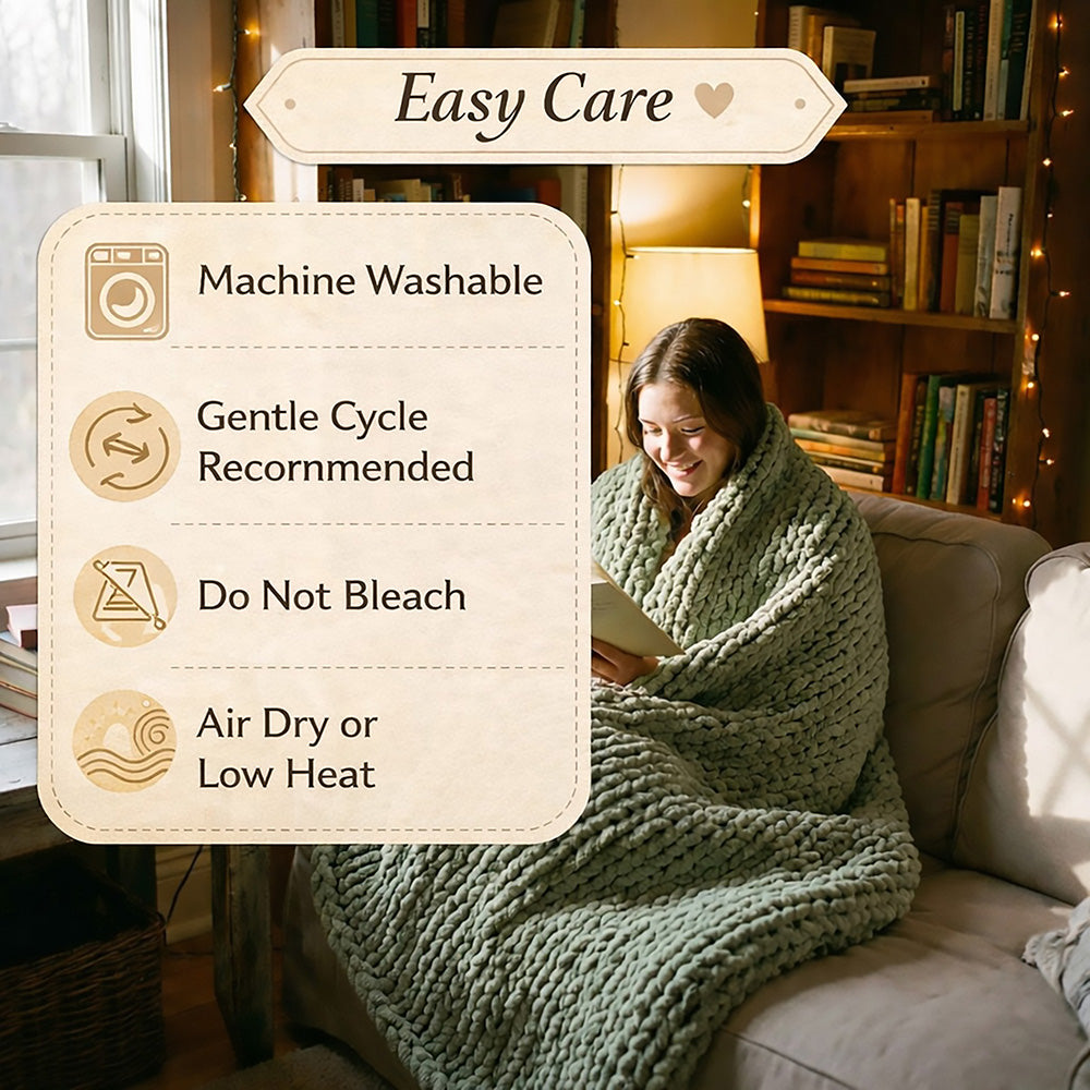 infographics for chunky chenille blankets with easy care instructions