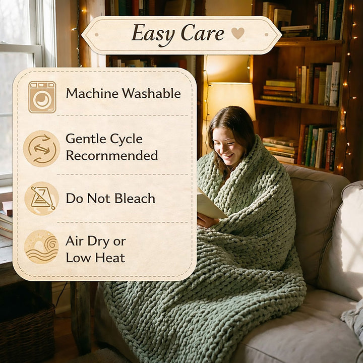 infographics for chunky chenille blankets with easy care instructions