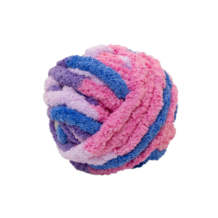 Pink and blue chunky chenille yarn on a white background