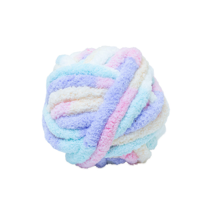 Pastel-colored thick chenille yarn ball on a white background