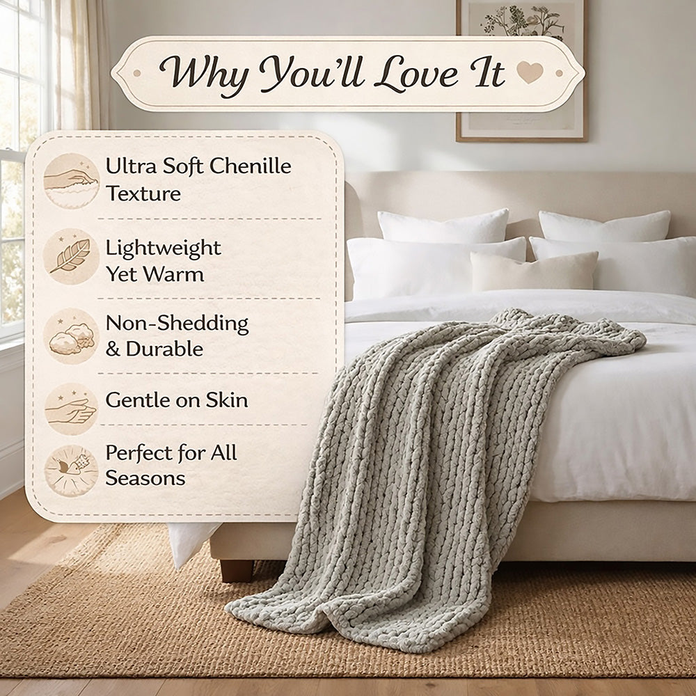 infographics of chunky chenille blanket saying 'why you will love it'