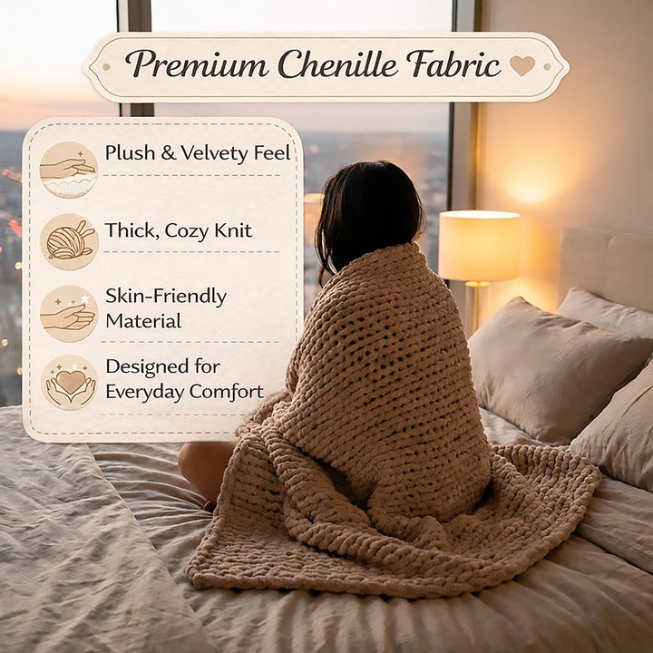 infographics of chunky chenille blanket that highlights fabric features