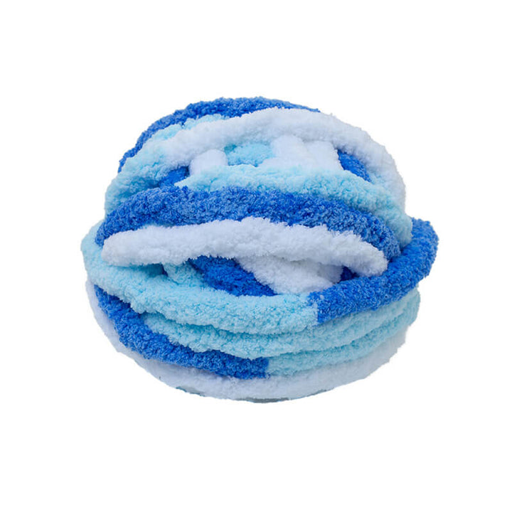 Blue and white striped chunky chenille yarn ball on a white background