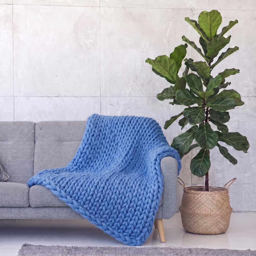 Plaid en grosse maille tricoté main en laine mérinos XXL coloris Bleuet, posé sur un canapé gris à côté d’un figuier lyre