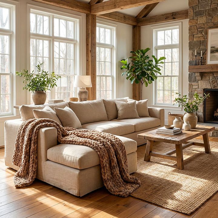 an earthy colours chunky knit chenille blanket on the sofa in a cozy and light living room