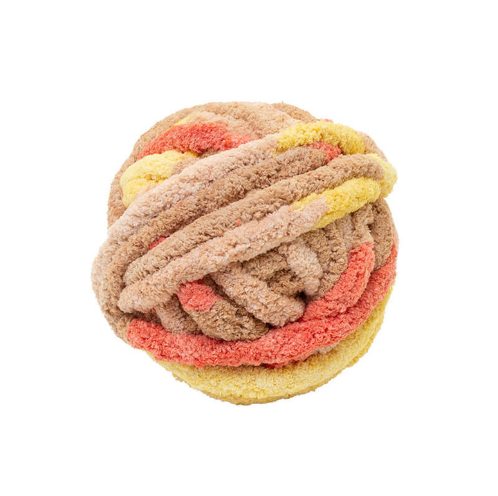 Multicolored chunky chenille yarn ball on a white background