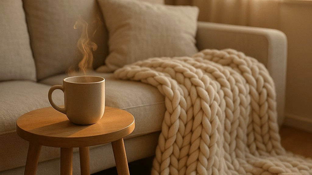 Cozy living room with a beige sofa, chunky knit blanket, and steaming mug on a small wooden table.