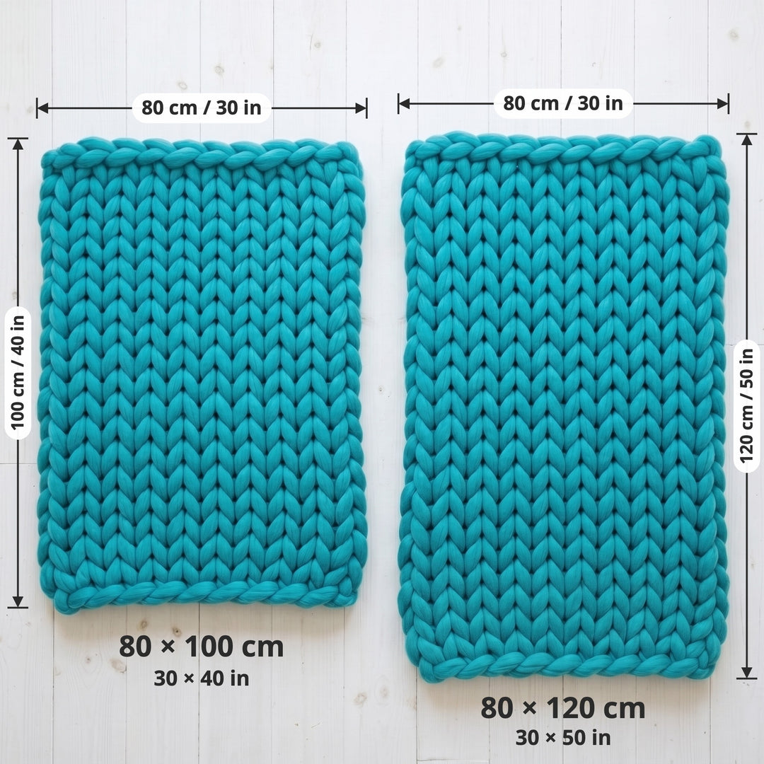 Chunky knit lap blanket sizes compared: 80 × 100 cm and 80 × 120 cm