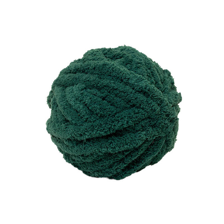Green bulky chenille yarn on a white background