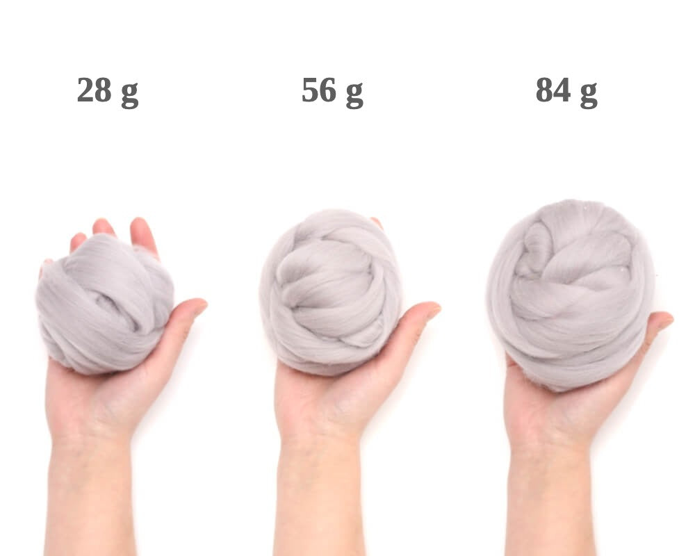Merino felting wool sold by weight: 1 oz (28 g), 2 oz (56 g) and 3 oz (84 g) balls