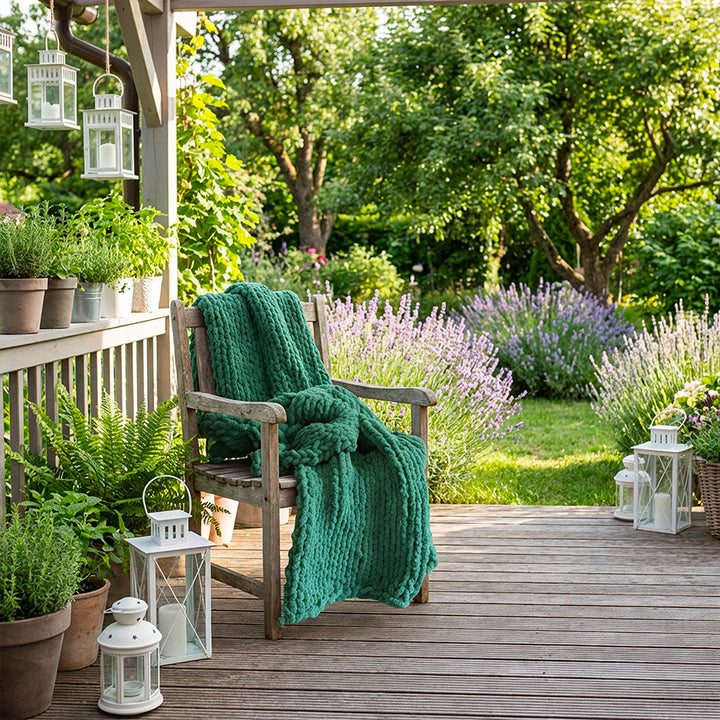 green chunky chenille blanket on the chair in the patio