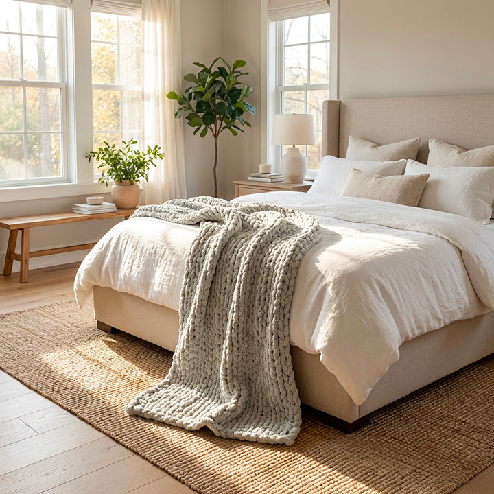 gray chunky chenille blanket on a white bedding in a spacious and cozy bedroom