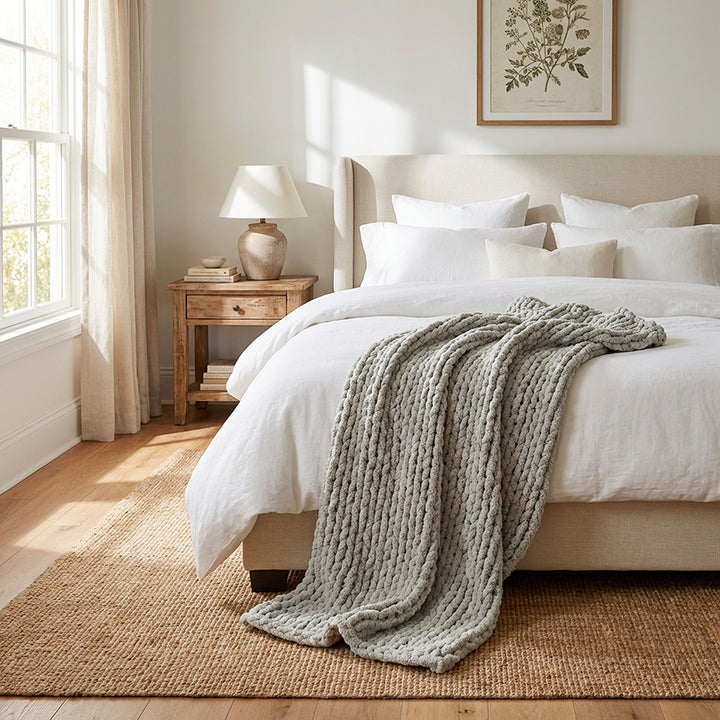 grey super chunky chenille knit blanket in the bed in the light bedroom in a sunny day