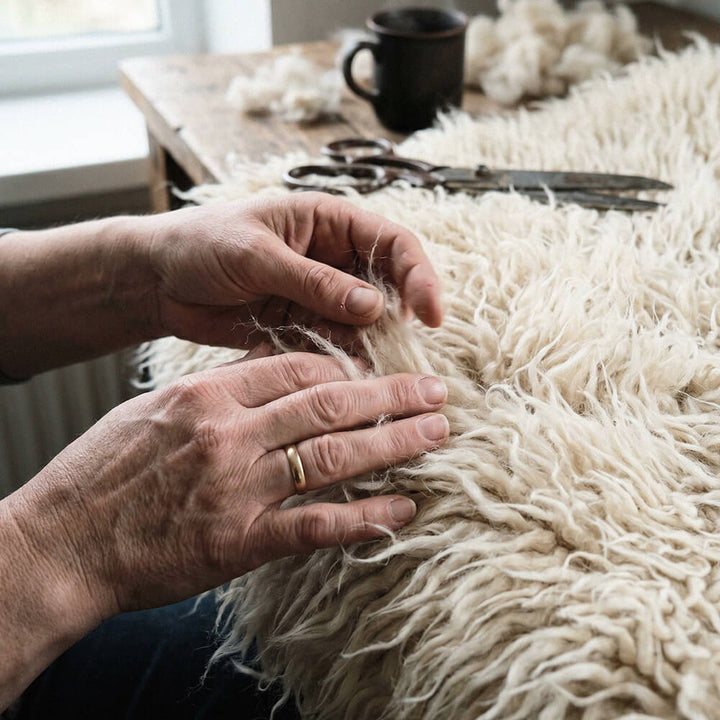 Person working with yarn on a flokati rug surface, with a cup and scissors in the background.