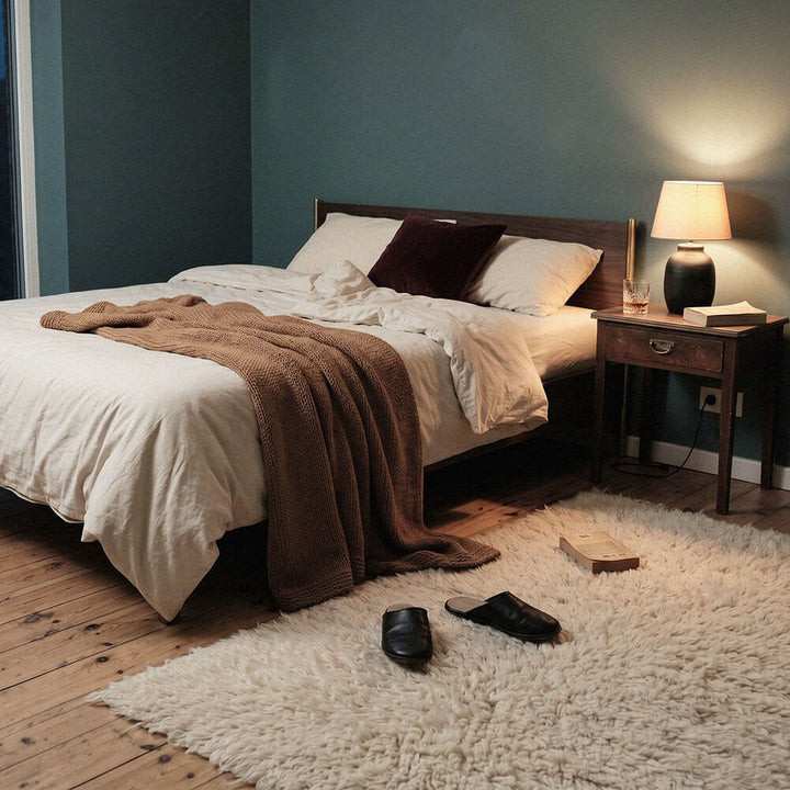 Bedroom with a bed, nightstand, and rug.