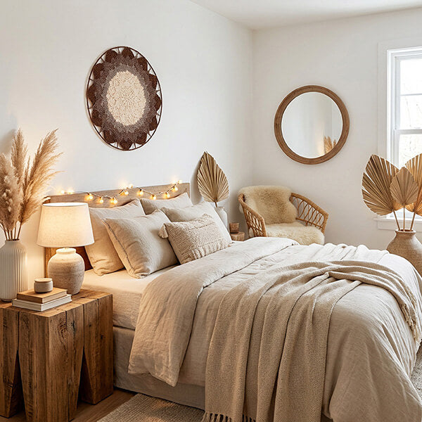 Cozy bedroom with a bed, nightstands, and decorative elements including crochet mandala on the wall