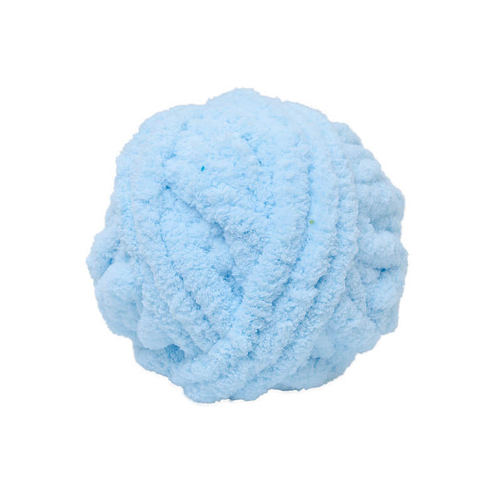 Blue super bulky chenille yarn ball on a white background