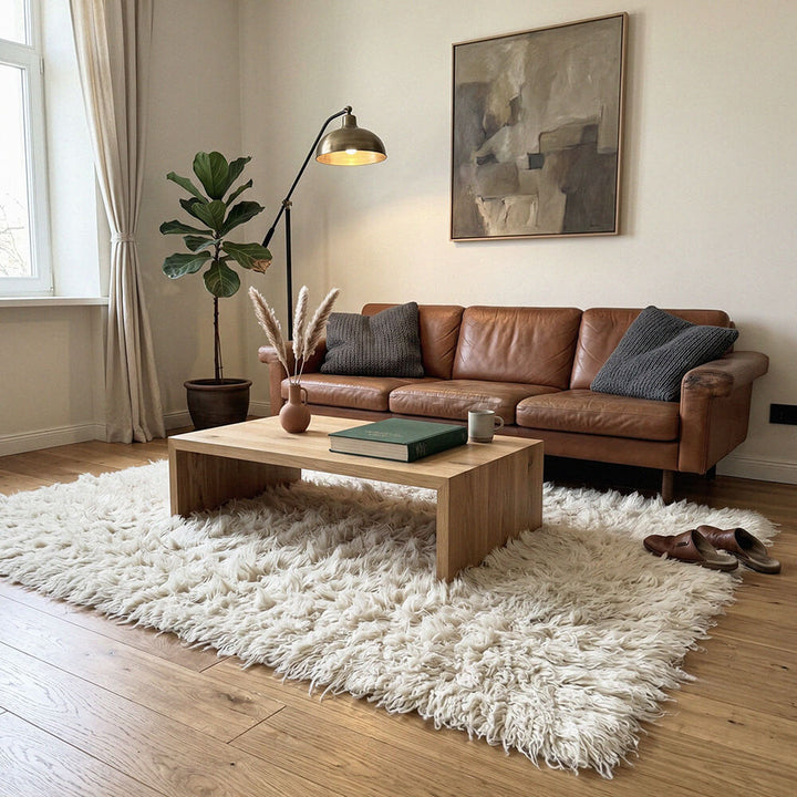 Modern living room with brown leather sofa, wooden coffee table, and white shag flokati rug.