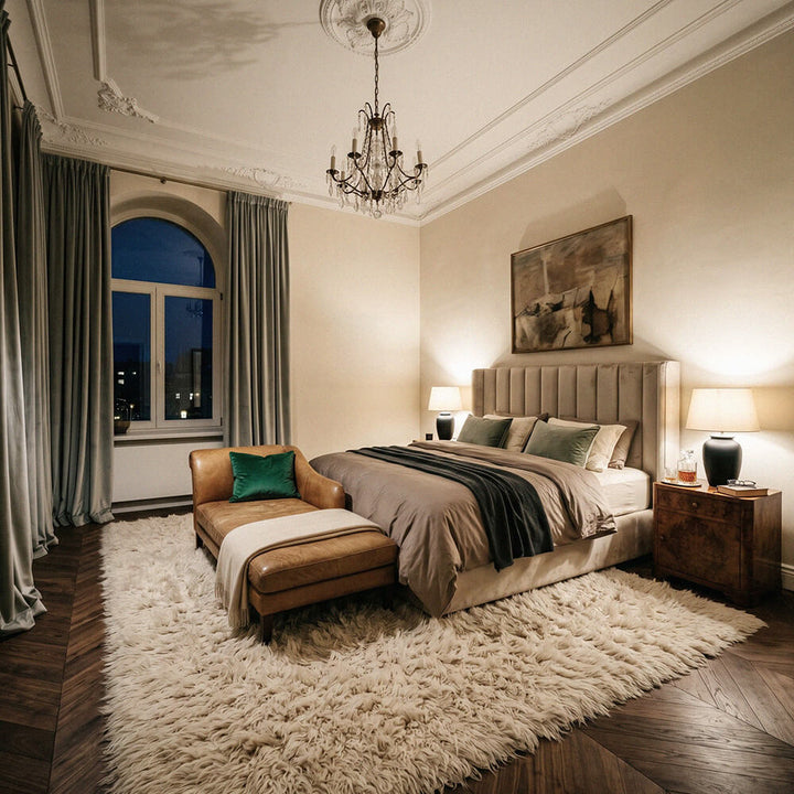 Luxurious bedroom with a large bed, armchair, and chandelier.