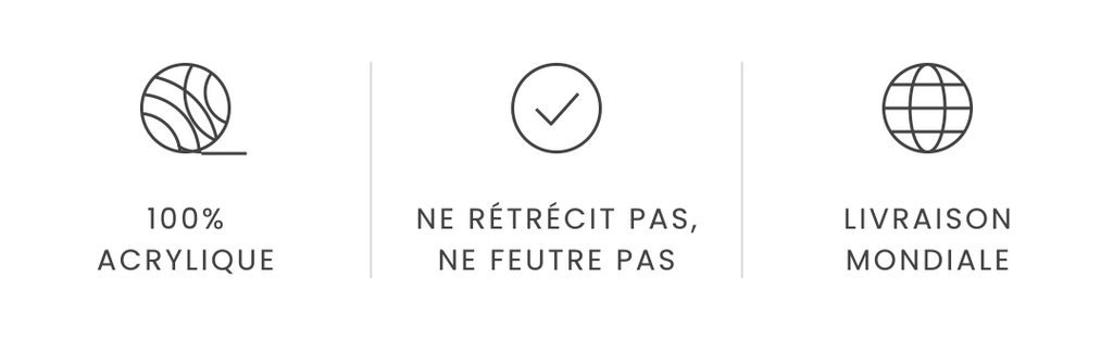 100 % acrylique, ne rétrécit pas, ne feutre pas, livraison mondiale