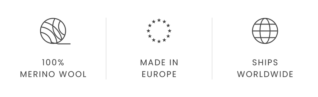 100% merino wool, made in Europe, ships worldwide