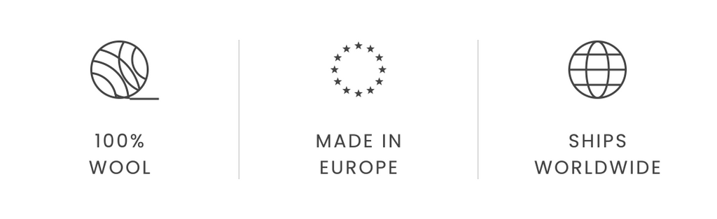 100% wool, made in Europe, ships worldwide