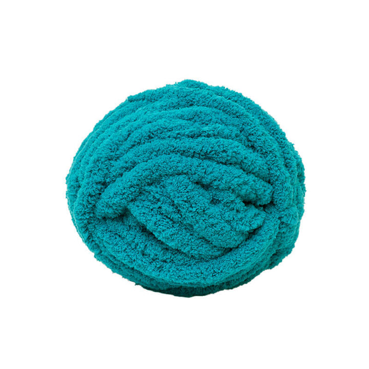 Turquoise super bulky chenille yarn ball on a white background