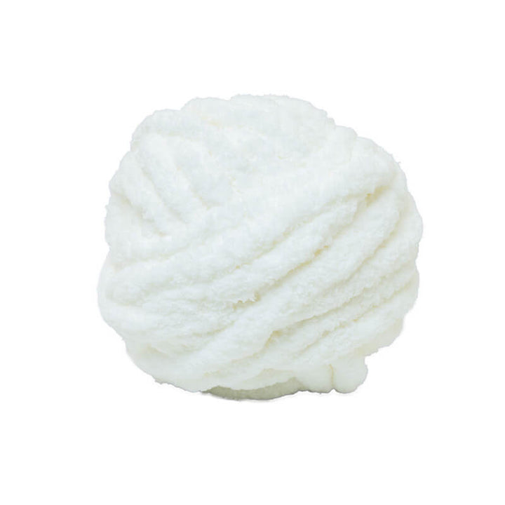 White ball of thick chenille yarn on a white background