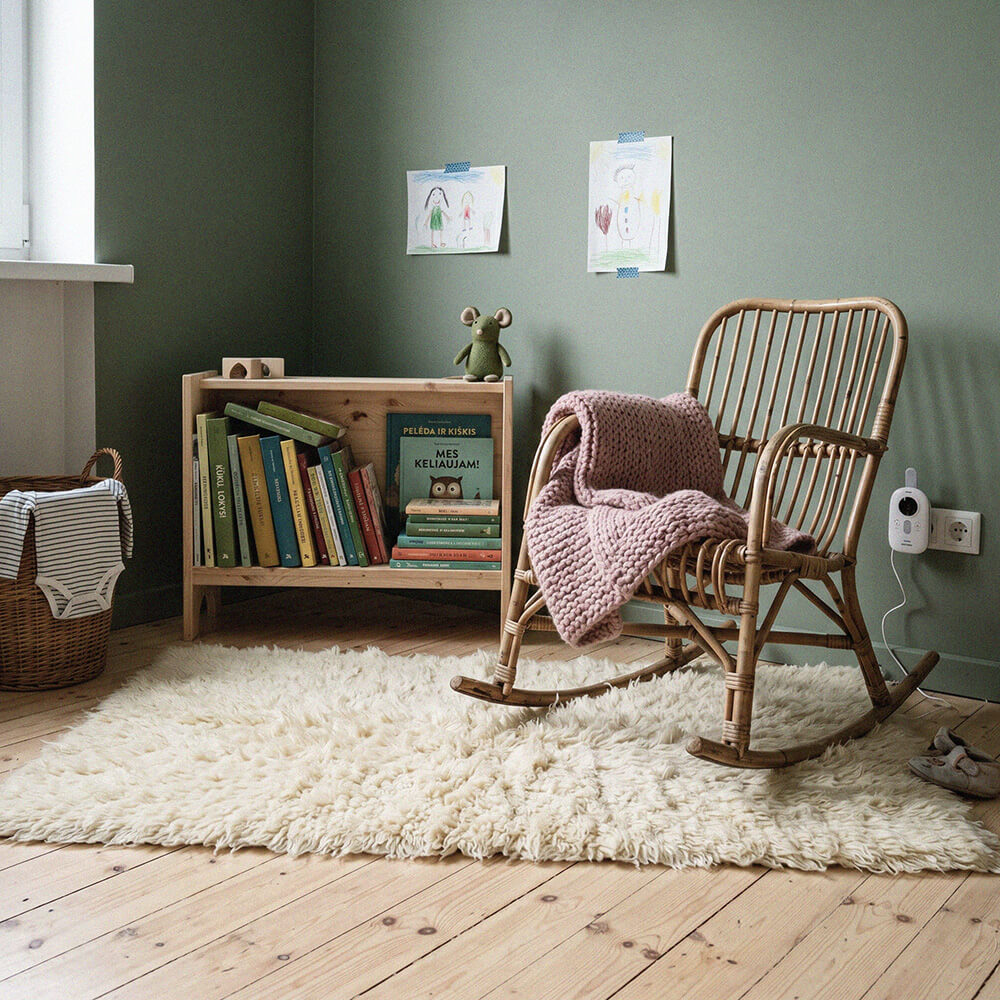 Children's room with a rocking chair, bookshelf, and toys on a green wall.
