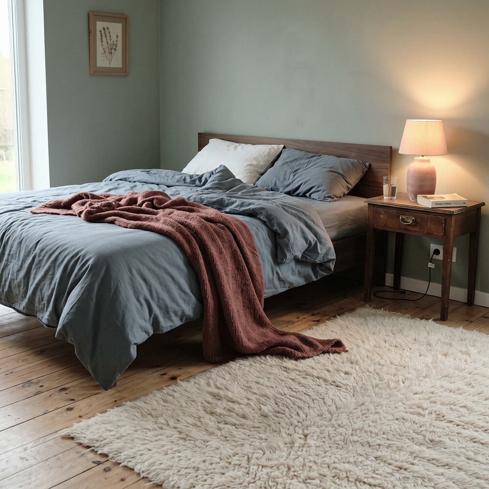 Bedroom with a bed, nightstand, and lamp in a cozy setting.