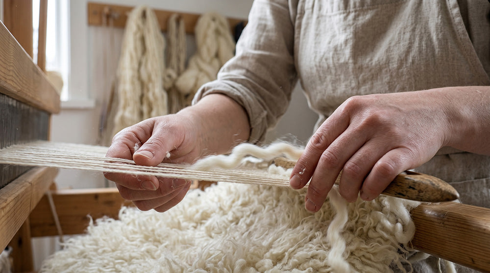 Person weaving with a loom, focusing on hands and yarn.