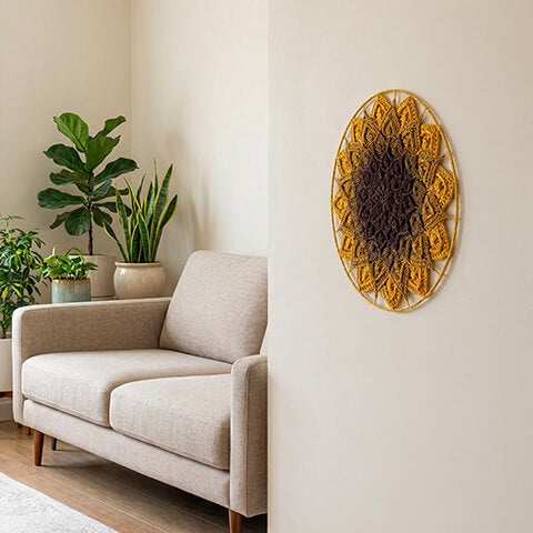 Beige armchair in a living room with decorative wall art and plants.